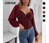 Blusa de Primavera y Otoño para Mujer Twist Francés Cuello en V Manga Larga Mono Ajustado XL azul marino