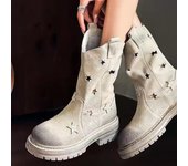 Botas de verano modernas de media pantorrilla con tacón cuadrado y tacón medio para mujer, botas de mujer de alta calidad con punta redonda y sin cordones, estilo punk, Q129 35