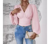 Blusa informal de manga larga con escote en V y talle alto de color liso para mujer, primavera y otoño S negro
