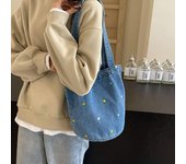 Bolso tipo cubo para estudiante, bolso de mano de gran capacidad bordado, bolso de hombro vaquero, bolso de compras de mano para mujer azul oscuro