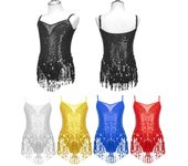 Ropa de baile elegante para niñas, vestido sin mangas con lentejuelas brillantes y borlas latinas, Leotardos de gimnasia, vestidos de patinaje 5-6 Years rojo