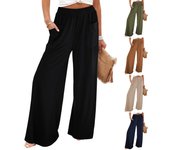 Pantalones de pierna ancha para mujer, pantalones palazzo holgados de talle alto, pantalones casuales con cintura elástica acampanada L