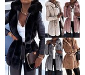 S-5XL abrigo de piel a la moda para mujer, chaquetas con capucha de piel sintética, chaqueta de cuero con cinturón de lujo, abrigo de peluche, abrigo Parka grueso y cálido para invierno, prendas de vestir L color rosa