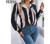VEZFAA Blusas y camisas de cuello polo de manga larga con estampado de bloques de colores y estilo informal para mujer, moda primavera otoño S negro