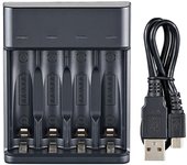 Cargador de batería inteligente de 4 ranuras para baterías AA/AAA Ni-MH Carga rápida USB Plug and Play negro