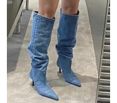 Botas Chelsea hasta la rodilla de vaquero 2024 2024 nuevas botas de tacón de aguja con punta puntiaguda para mujer otoño invierno gladiador motocicleta 35 azul claro