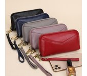 Johnature, cartera de mano larga de cuero genuino a la moda para mujer, cuero vacuno suave, bolsos de mano de ocio para mujer, bolso para teléfono móvil negro