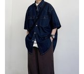 Camisa vaquera holgada de manga corta de marca de moda retro japonesa de verano, camisa de trabajo artística juvenil, chaqueta de capas para hombre y mujer M azul oscuro