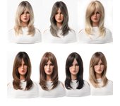 Pelucas sintéticas Peluca ondulada natural de longitud media, cabello en capas rubio marrón oscuro con flequillo lateral para mujeres, fiesta diaria, fibra resistente al calor negro