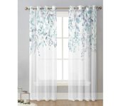 Cortinas de tul azul con diseño de acuarela, flores, plantas y hojas, para sala de estar, cocina, cortinas de gasa con ojales W65X60H(cm)X2Pcs&Hook