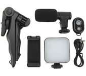 Kit de accesorios de luz de video LED para cámara. Incluye luz de relleno LED, clip para teléfono y trípode.