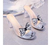 Zapatillas de verano 2024 con lazo de diamantes de agua para mujer, versátiles y cómodas, con punta abierta y tacón alto, para mujer. 34 beige