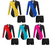 Malla de manga larga con lentejuelas brillantes y pantalones cortos para niñas, trajes de patinaje, danza y gimnasia 3-4 Years negro/de rosa caliente