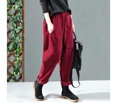 Pantalones de pana con cintura elástica para mujer, pantalones largos lisos, pantalones harén de pana vintage, pantalones holgados informales S rojo