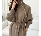 Otoño e invierno Vintage cuello alto Chic botón dos prendas suéter falda calidad con cordones cintura vestido de punto. XXL negro