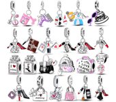 Dijes de plata 925 para mujer, con cuentas de perfume, tacones altos, faldas, colgante de lápiz labial, compatible con pulseras originales, joyería DIY.