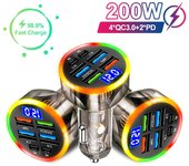 Cargador de coche de 200 W con 6 puertos, carga rápida PD QC3.0, USB C, adaptador tipo C para iPhone, Samsung, Huawei y Xiaomi.