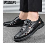 Zapatos huecos para hombre, sandalias de cuero genuino, zapatos antideslizantes con hebilla de verano para papá, zapatos de playa para hombre 39 negro
