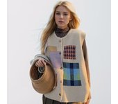 Dimanaf Chaleco sin mangas a cuadros para mujer, suéteres de punto, moda informal, suéter suelto, invierno y otoño 2024 One Size marrón