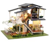 Casa de muñecas Moin Moin en miniatura, hecha a mano, conjunto de mansión rodeada de flores con un columpio en la terraza, elegante y romántica luz LED, caja de acrílico, música