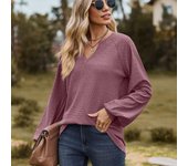 Otoño Invierno Color sólido Top Patchwork cuello en V camiseta suelta de manga larga para ropa de mujer S negro