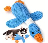 Juguete duradero de peluche con forma de ganso para perros para la dentición y el juego: tela suave y resistente a las mordeduras para razas medianas, ideal para la salud dental y la diversión interactiva azul