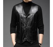 Otoño e Invierno, abrigo de piel de oveja negro con cuello en V para hombres, chaleco de cuero fino de negocios con múltiples bolsillos y un solo pecho para jóvenes L