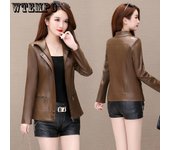 Chaqueta de piel de oveja para mujer, chaqueta de cuero corta de otoño e invierno, chaqueta de moto ajustada de talla grande, abrigos de piel de oveja M café