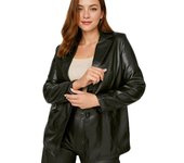 VANGULL Chaqueta de traje de cuero de gran tamaño informal de primavera y otoño para mujer de marca 0XL negro