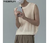 INCERUN Camiseta sin mangas de verano para hombre, sin mangas, de malla hueca, de punto transparente S beige