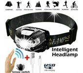 Linterna frontal impermeable, linterna frontal superbrillante, LED, USB, para acampar y pescar negro
