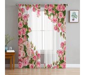 Ramo de flores rosas, cortinas transparentes de gasa blanca para sala de estar, dormitorio, ventana de decoración del hogar, cortinas de tul W135 x H115cm x1&Rod Pocket