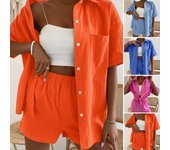 Chándal de mujer de Color sólido de manga corta informal de un solo pecho con entrepierna profunda blusa de verano conjunto de pantalones cortos ropa diaria XL azul