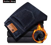 Invierno Hombres 's Fleece Warm Jeans Alta Calidad Negocios Ocio Denim Pantalones Elásticos Pantalones Marca Masculina Negro Azul 34