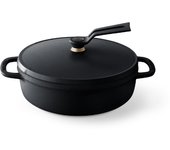 Olla de esmalte fundido Vermicula de 18 cm, color negro premium, edición limitada, para cocinar sin agua, hornear sin agua, libro de recetas dedicado incluido, olla para horno con 2 tapas [poco profunda]