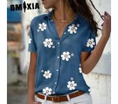GMXIA Blusas y camisas con cuello tipo POLO de manga corta con estampado floral informal de verano a la moda para mujer S azul