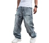 Vaqueros para hombre, pantalones cargo de mezclilla rectos para hombre, vaqueros de motociclista, vaqueros holgados de color azul holgado para hombre 30 azul