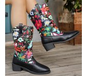 Botas vaqueras para mujer, botas vaqueras occidentales con punta puntiaguda, tacón grueso, bordadas, botas de media pantorrilla anchas, tacones bajos de bloque antideslizantes para mujer, botines sin cordones 36 negro