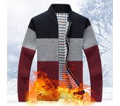 Suéter de hombre, abrigo grueso de felpa con bloques de colores, cierre de cremallera, cuello alto, tejido holgado, chaqueta abrigada, cárdigan de otoño e invierno, ropa de abrigo M rojo