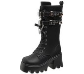 Botas de plataforma de estilo punk para mujer, botas de moto de cuero con suela gruesa y hebilla de metal de 9 cm, botas cortas para mujer 35 negro