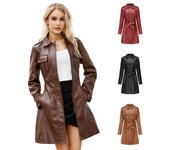 Chaqueta de cuero de longitud media con pretina, cortavientos de cuero de manga larga, abrigo de moda para mujer S rojo vino