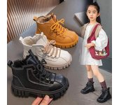 Nuevas botas cortas de moda para niños, botas antideslizantes de otoño para niños y niñas, zapatos casuales con cordones y plataforma británica de color sólido para niños 26 insole16.5cm marrón