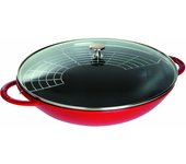 Olla china esmaltada Staub grande de 37 cm, compatible con IH, japonesa, con tapa de vidrio y parrilla para tempura  Wok Cherry , de dos asas [Producto autorizado] 40509-898 cereza