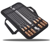 Juego de 10 brochetas de acero inoxidable para barbacoa, mango de madera, para asar a la parrilla, para acampar al aire libre, kit de bolsa de almacenamiento
