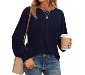 Blusa de mujer de otoño e invierno con cuello redondo y manga larga plisada, blusas casuales S negro
