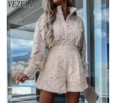VEZFAA Moda mujer Casual Primavera Otoño Color sólido estampado manga larga POLO cuello pantalones pantalones trajes S blanco