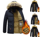 Chaqueta de invierno con capucha y relleno de algodón para hombre, con cuello y forro polar, gruesa, delgada, de longitud media, acolchada de algodón para hombre L negro