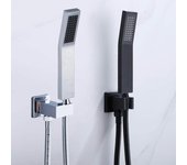 BAKALA Alcachofa de ducha de mano cuadrada, totalmente de latón, cromada o negra, con soporte de conector de pared de latón y manguera de acero inoxidable de 1,5 m
