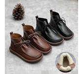 Botas cortas versátiles hechas a mano informales con cordones y suela suave de cuero genuino vintage de invierno para mujer 35 negro