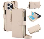 Funda para teléfono con ranuras para tarjetas multifunción, cremallera, billetera, tapa para iPhone 15, 14, 13, 12, 11 Pro Max Plus, XS, XR, X, 15Pro, funda con correa For iPhone 14 negro